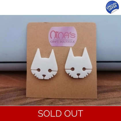 Stray Video Game Cat Textured White 3D Printed Stud Earrings Set